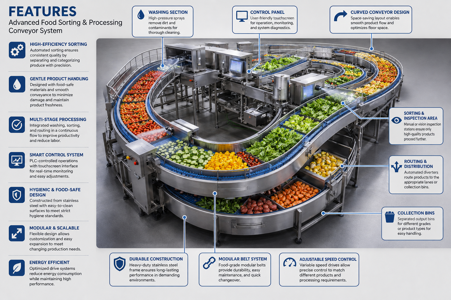 Advanced food sorting and processing conveyor systems.